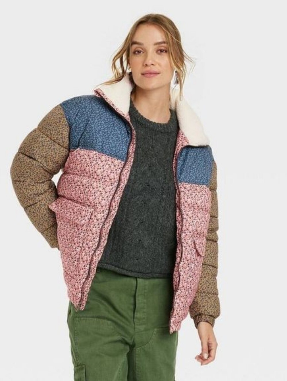 Universal Thread water resistant floral patchwork print faux sherpa puffer coat